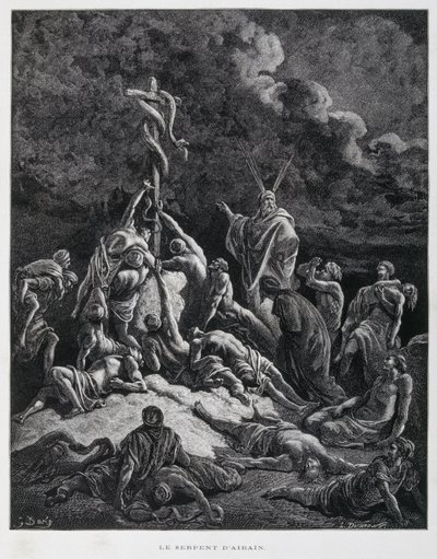 Mojżesz zrobił więc węża z brązu i umieścił go na palu. Liczb 21:7, ilustracja z Biblii Dore