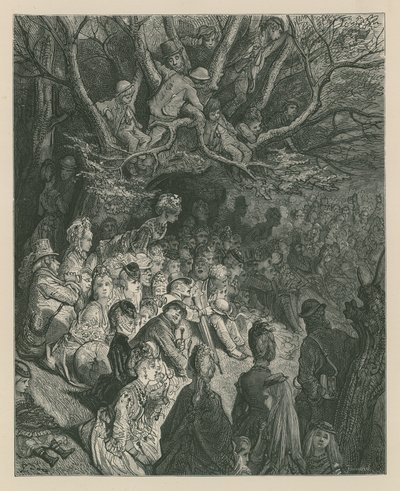 Widzowie oglądający wyścig łodzi z brzegu rzeki autorstwa Gustave Dore