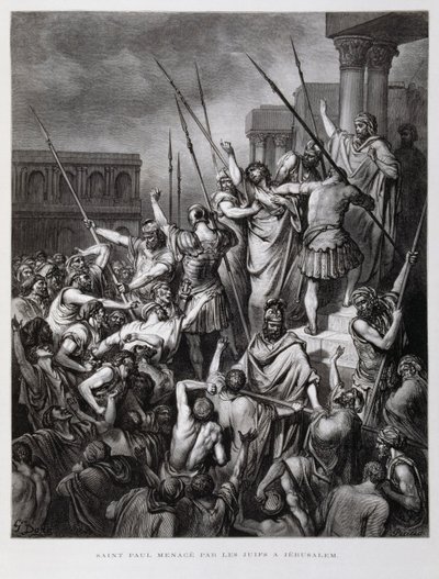 Paweł zaatakowany przez Żydów w Jerozolimie, ilustracja z Biblii Dore