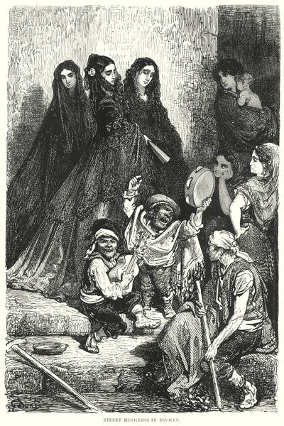 Muzycy uliczni w Sewilli (rycina) autorstwa Gustave Dore