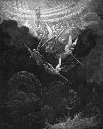 Archanioł Michał i jego aniołowie walczą ze smokiem, 1865-1866 autorstwa Gustave Dore