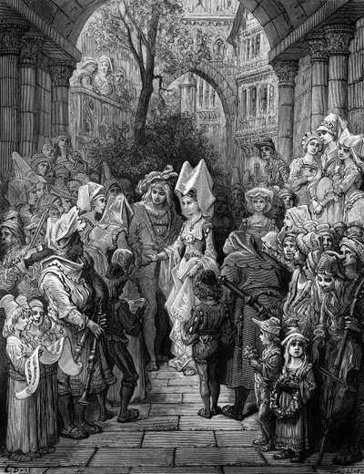Narzeczeni wchodzą do sali, scena z „Szronu starożytnego marynarza” S.T. Coleridge, wyd. Harper und Brothers, Nowy Jork, 1876 (drewno) autorstwa Gustave Dore