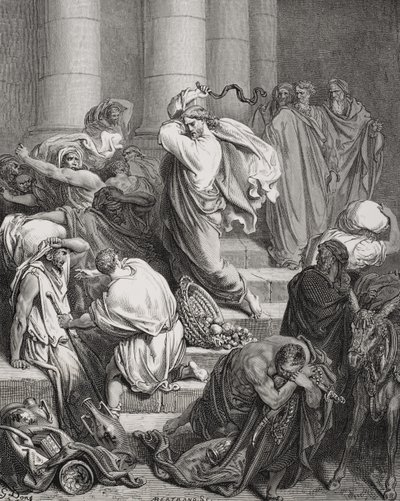 Kupujący i sprzedawcy wypędzeni ze świątyni, Łukasz 19:45-46, ilustracja z „The Holy Bible” Dore