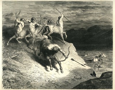 Centaury miotają strzały przeciwko tamom wychodzącym z bagien Styksu. Rycina z Piekła Dantego Alighieri (Boska komedia) zilustrowana przez Gustave