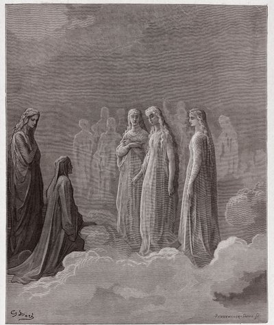 Boska Komedia (La Divina Comedia, La Divine Comedie), Paradiso, Canto 3: Pierwsze królestwo: Piccarda Donati i dusze, których przysięgi zostały złamane - Dante Alighieri (1265-1321) - Ilustracja Gustave Dore (1832-1883) ) autorstwa Gustave Dore