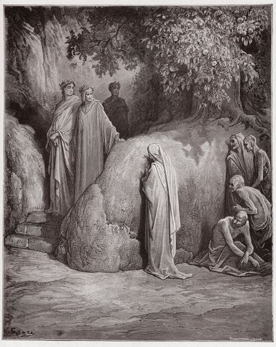 Boska Komedia (La Divina Comedia, La Divine Comedie), Purgatorio, Canto 23: Dante rozpoznaje cień Forese wśród żarłoków - autorstwa Dante Alighieri (1265-1321) - Ilustracja Gustave Dore (1832-1883) autorstwa Gustave Dore