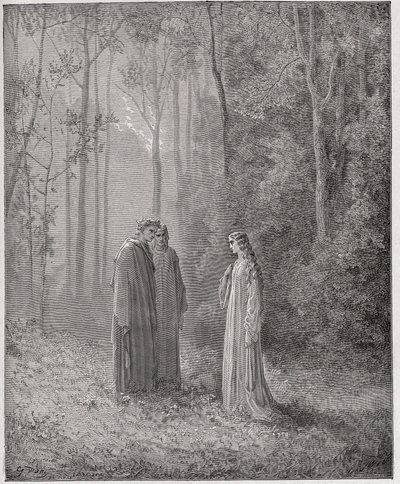 Boska Komedia (La Divina Comedia, La Divine Comedie), Purgatorio, Canto 5: Dante rozmawia z Pia de Tolomei (Tolommei) - autorstwa Dante Alighieri (1265-1321) - Ilustracja Gustave Dore (1832-1883) autorstwa Gustave Dore