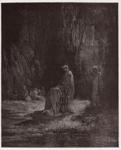 Boska Komedia (La Divina Comedia, La Divine Comedie), Purgatorio, Canto 7: Zdumiony poeta Sordello klęka przed Wergiliuszem - Dante Alighieri (1265-1321) - Ilustracja Gustave Dore (1832-1883) autorstwa Gustave Dore