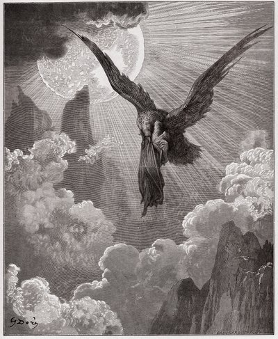 Boska Komedia (La Divina Comedia, La Divine Comedie), Purgatorio, Canto 9: Dante we śnie unoszony przez orła - Dante Alighieri (1265-1321) - Ilustracja Gustave Dore (1832-1883) autorstwa Gustave Dore