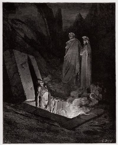 Boska Komedia (La Divina Commedia, La Divine Comedie), Inferno, Canto 10: Farinata degli Uberti zwraca się do Dantego - Dante Alighieri (1265-1321) - Ilustracja Gustave Dore (1832-1883) autorstwa Gustave Dore