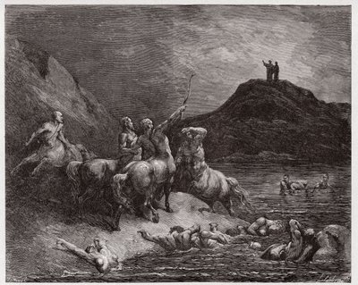 Boska Komedia (La Divina Commedia, La Divine Comedie), Inferno, Canto 12: Nessus i centaury - autorstwa Dante Alighieri (1265-1321) - Ilustracja Gustave Dore (1832-1883) autorstwa Gustave Dore