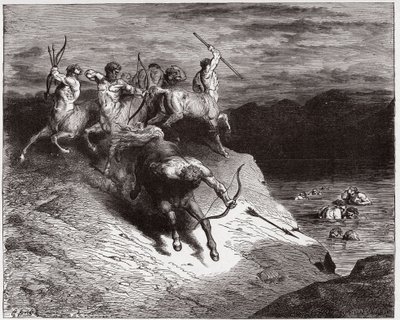 Boska Komedia (La Divina Commedia, La Divine Comedie), Inferno, Canto 12: Centaury atakują dusze we wrzącej krwi - Dante Alighieri (1265-1321) - Ilustracja Gustave Dore (1832-1883) autorstwa Gustave Dore