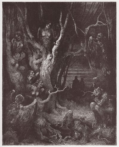 Boska Komedia (La Divina Commedia, La Divine Comedie), Inferno, Canto 13: Harpie w lesie samobójstw - Dante Alighieri (1265-1321) - Ilustracja Gustave Dore (1832-1883) autorstwa Gustave Dore