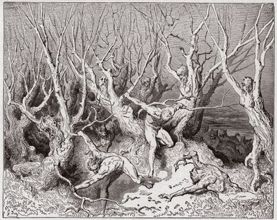 Boska Komedia (La Divina Commedia, La Divine Comedie), Inferno, Canto 13: Samobójcy uciekają z lasu - Dante Alighieri (1265-1321) - Ilustracja Gustave Dore (1832-1883) autorstwa Gustave Dore