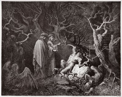 Boska Komedia (La Divina Commedia, La Divine Comedie), Inferno, Canto 13: Samobójstwa w lesie - Dante Alighieri (1265-1321) - Ilustracja Gustave Dore (1832-1883) autorstwa Gustave Dore