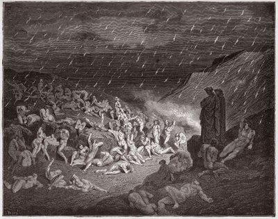Boska Komedia (La Divina Commedia, La Divine Comedie), Inferno, Canto 14: Gwałtowni, dręczeni w deszczu ognia - Dante Alighieri (1265-1321) - Ilustracja Gustave Dore (1832-1883) autorstwa Gustave Dore