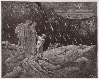 Boska Komedia (La Divina Commedia, La Divine Comedie), Inferno, Canto 15: Brunetto Latini zaczepia Dantego - Dante Alighieri (1265-1321) - Ilustracja Gustave Dore (1832-1883) autorstwa Gustave Dore