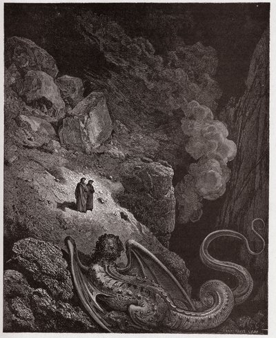Boska Komedia (La Divina Commedia, La Divine Comedie), Inferno, Canto 17: Gerion, symbol oszustwa - Dante Alighieri (1265-1321) - Ilustracja Gustave Dore (1832-1883) autorstwa Gustave Dore