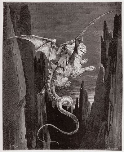 Boska Komedia (La Divina Commedia, La Divine Comedie), Inferno, Canto 17: Zejście w otchłań na plecach Geriona - Dante Alighieri (1265-1321) - Ilustracja Gustave Dore (1832-1883) autorstwa Gustave Dore