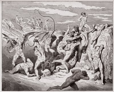 Boska komedia (La Divina Commedia, La Divine Comedie), Inferno, Canto 18: Diabły i uwodziciele - Dante Alighieri (1265-1321) - Ilustracja Gustave Dore (1832-1883) autorstwa Gustave Dore