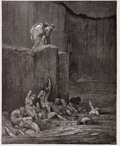 Boska Komedia (La Divina Commedia, La Divine Comedie), Inferno, Canto 18: Kochankowie i pochlebcy w ósmym kręgu - Dante Alighieri (1265-1321) - Ilustracja Gustave Dore (1832-1883) autorstwa Gustave Dore