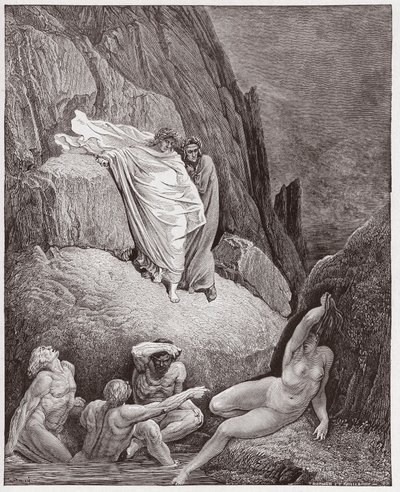 Boska Komedia (La Divina Commedia, La Divine Comedie), Inferno, Canto 18: Wergiliusz pokazuje Dantemu cień Thai - autorstwa Dante Alighieri (1265-1321) - Ilustracja Gustave Dore (1832-1883) autorstwa Gustave Dore