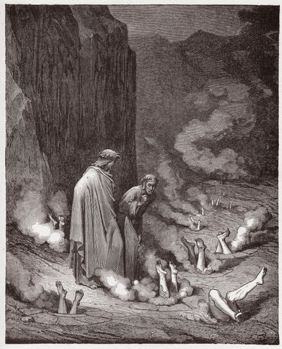 Boska Komedia (La Divina Commedia, La Divine Comedie), Inferno, Canto 19: Dante gani papieża Mikołaja III w czwartej bolgii - Dante Alighieri (1265-1321) - Ilustracja Gustave Dore (1832-1883) autorstwa Gustave Dore