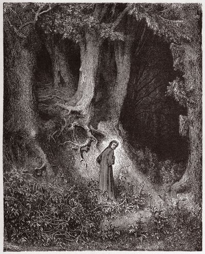 Boska Komedia (La Divina Commedia, La Divine Comedie), Inferno, Canto 1: Dante w dzikim lesie - autorstwa Dante Alighieri (1265-1321) - Ilustracja Gustave Dore (1832-1883) autorstwa Gustave Dore