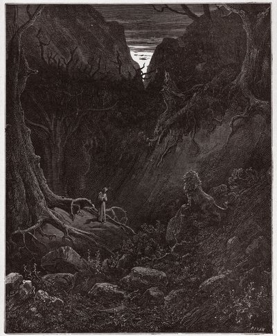 Boska Komedia (La Divina Commedia, La Divine Comedie), Inferno, Canto 1: Lew nagle konfrontuje się z Dantem - autorstwa Dante Alighieri (1265-1321) - Ilustracja Gustave Dore (1832-1883) autorstwa Gustave Dore