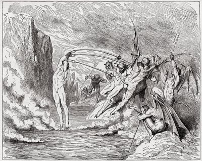 Boska Komedia (La Divina Commedia, La Divine Comedie), Inferno, Canto 21: Diabły dręczą barratorów - Dante Alighieri (1265-1321) - Ilustracja Gustave Dore (1832-1883) autorstwa Gustave Dore