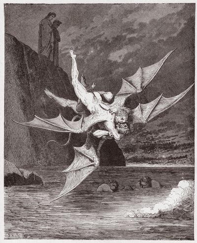 Boska Komedia (La Divina Commedia, La Divine Comedie), Inferno, Canto 22: Alichino i Calcabrina zmagają się nad boiskiem – Dante Alighieri (1265-1321) – Ilustracja Gustave Dore (1832-1883) autorstwa Gustave Dore