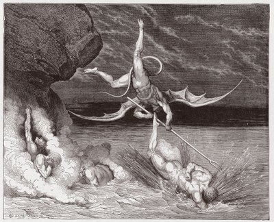 Boska Komedia (La Divina Commedia, La Divine Comedie), Inferno, Canto 22: Ciampolo ucieka przed demonem Alichino w piątej Bolgii - Dante Alighieri (1265-1321) - Ilustracja Gustave Dore (1832-1883) autorstwa Gustave Dore