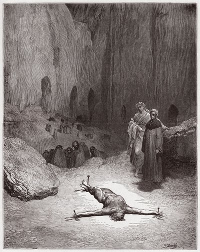 Boska Komedia (La Divina Commedia, La Divine Comedie), Inferno, Canto 23: Ukrzyżowany faryzeusz wśród hipokrytów - Dante Alighieri (1265-1321) - Ilustracja Gustave Dore (1832-1883) autorstwa Gustave Dore