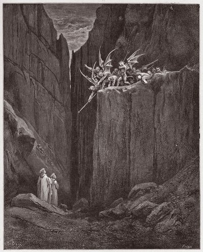Boska Komedia (La Divina Commedia, La Divine Comedie), Inferno, Canto 23: Poeci uciekają przed demonami piątej bolgii - Dante Alighieri (1265-1321) - Ilustracja Gustave Dore (1832-1883) autorstwa Gustave Dore