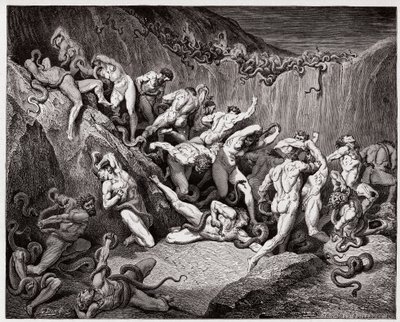 Boska Komedia (La Divina Commedia, La Divine Comedie), Inferno, Canto 24: Złodzieje dręczeni przez węże - Dante Alighieri (1265-1321) - Ilustracja Gustave Dore (1832-1883) autorstwa Gustave Dore