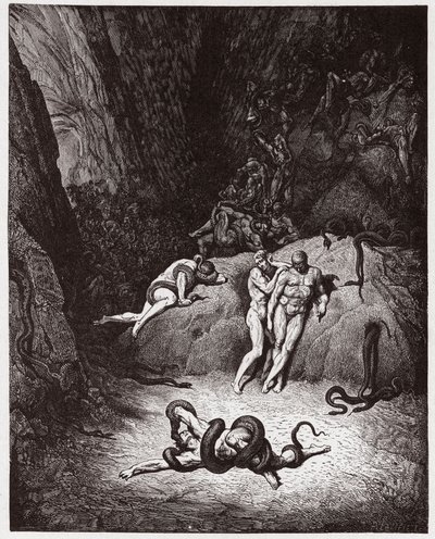 Boska Komedia (La Divina Commedia, La Divine Comedie), Inferno, Canto 25: Agnello przekształcający się w węża - autorstwa Dante Alighieri (1265-1321) - Ilustracja Gustave Dore (1832-1883) autorstwa Gustave Dore