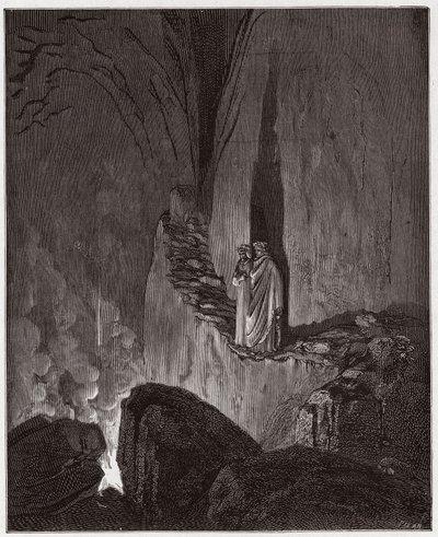 Boska Komedia (La Divina Commedia, La Divine Comedie), Inferno, Canto 26: Płonące duchy Ulissesa i Diomedesa - Dante Alighieri (1265-1321) - Ilustracja Gustave Dore (1832-1883) autorstwa Gustave Dore