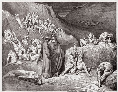 Boska Komedia (La Divina Commedia, La Divine Comedie), Inferno, Canto 29: Falsyfikatorzy i fałszerze dręczeni swędzeniem - Dante Alighieri (1265-1321) - Ilustracja Gustave Dore (1832-1883) autorstwa Gustave Dore