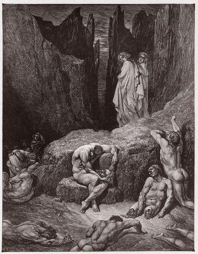 Boska Komedia (La Divina Commedia, La Divine Comedie), Inferno, Canto 29: Wergiliusz gani ciekawość Dantego – Dante Alighieri (1265-1321) – Ilustracja Gustave Dore (1832-1883) autorstwa Gustave Dore