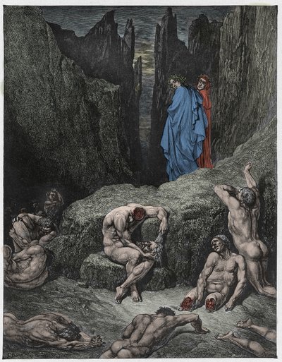 Boska Komedia (La Divina Commedia, La Divine Comedie), Inferno, Canto 29: Wergiliusz gani ciekawość Dantego – Dante Alighieri (1265-1321) – Ilustracja Gustave Dore (1832-1883) autorstwa Gustave Dore
