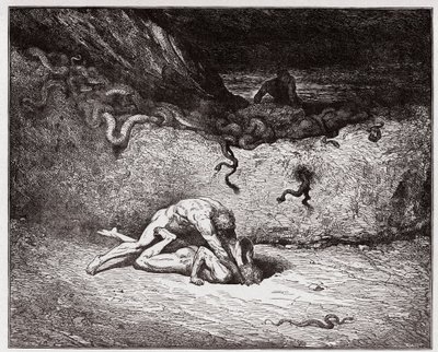 Boska Komedia (La Divina Commedia, La Divine Comedie), Inferno, Canto 30: Męka fałszerzy w dziewiątej Bolgii (Gianni Schicchi) - autorstwa Dante Alighieri (1265-1321) - Ilustracja Gustave Dore (1832-1883) autorstwa Gustave Dore