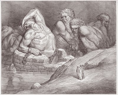 Boska Komedia (La Divina Commedia, La Divine Comedie), Inferno, Canto 31: Efialtes w kajdankach wśród gigantów - Dante Alighieri (1265-1321) - Ilustracja Gustave Dore (1832-1883) autorstwa Gustave Dore