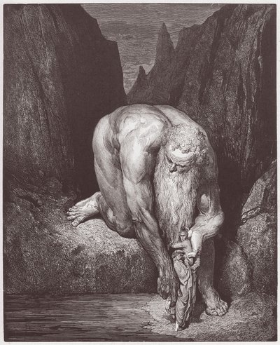 Boska Komedia (La Divina Commedia, La Divine Comedie), Inferno, Canto 31: Olbrzym Anteusz opuszcza Dantego i Wergiliusza do ostatniego kręgu - autorstwa Dante Alighieri (1265-1321) - Ilustracja Gustave Dore (1832-1883) autorstwa Gustave Dore