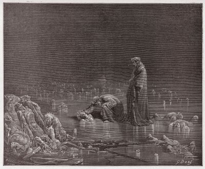 Boska Komedia (La Divina Commedia, La Divine Comedie), Inferno, Canto 32: Dante zwraca się do zdrajcy Bocca degli Abati - autorstwa Dante Alighieri (1265-1321) - Ilustracja Gustave Dore (1832-1883) autorstwa Gustave Dore