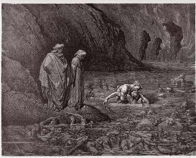 Boska Komedia (La Divina Commedia, La Divine Comedie), Inferno, Canto 32: Ugolino gryzie głowę arcybiskupa Ruggieri - autorstwa Dante Alighieri (1265-1321) - Ilustracja Gustave Dore (1832-1883) autorstwa Gustave Dore