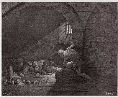 Boska Komedia (La Divina Commedia, La Divine Comedie), Inferno, Canto 33: Ugolino w celi z czterema zmarłymi synami - Dante Alighieri (1265-1321) - Ilustracja Gustave Dore (1832-1883) autorstwa Gustave Dore