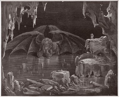 Boska Komedia (La Divina Commedia, La Divine Comedie), Inferno, Canto 34: Lucyfer, król piekła, zamarznięty w lodzie - Dante Alighieri (1265-1321) - Ilustracja Gustave Dore (1832-1883) autorstwa Gustave Dore