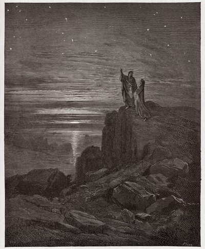 Boska Komedia (La Divina Commedia, La Divine Comedie), Inferno, Canto 34: Poeci wychodzą z piekła - Dante Alighieri (1265-1321) - Ilustracja Gustave Dore (1832-1883) autorstwa Gustave Dore