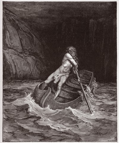 Boska Komedia (La Divina Commedia, La Divine Comedie), Inferno, Canto 3: Charon (Caron) na rzece Acheron - autorstwa Dante Alighieri (1265-1321) - Ilustracja Gustave Dore (1832-1883) autorstwa Gustave Dore