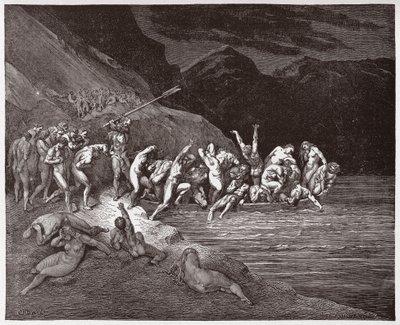 Boska Komedia (La Divina Commedia, La Divine Comedie), Inferno, Canto 3: Zgubione dusze wyruszające na przeprawę przez Acheron - Dante Alighieri (1265-1321) - Ilustracja Gustave Dore (1832-1883) autorstwa Gustave Dore